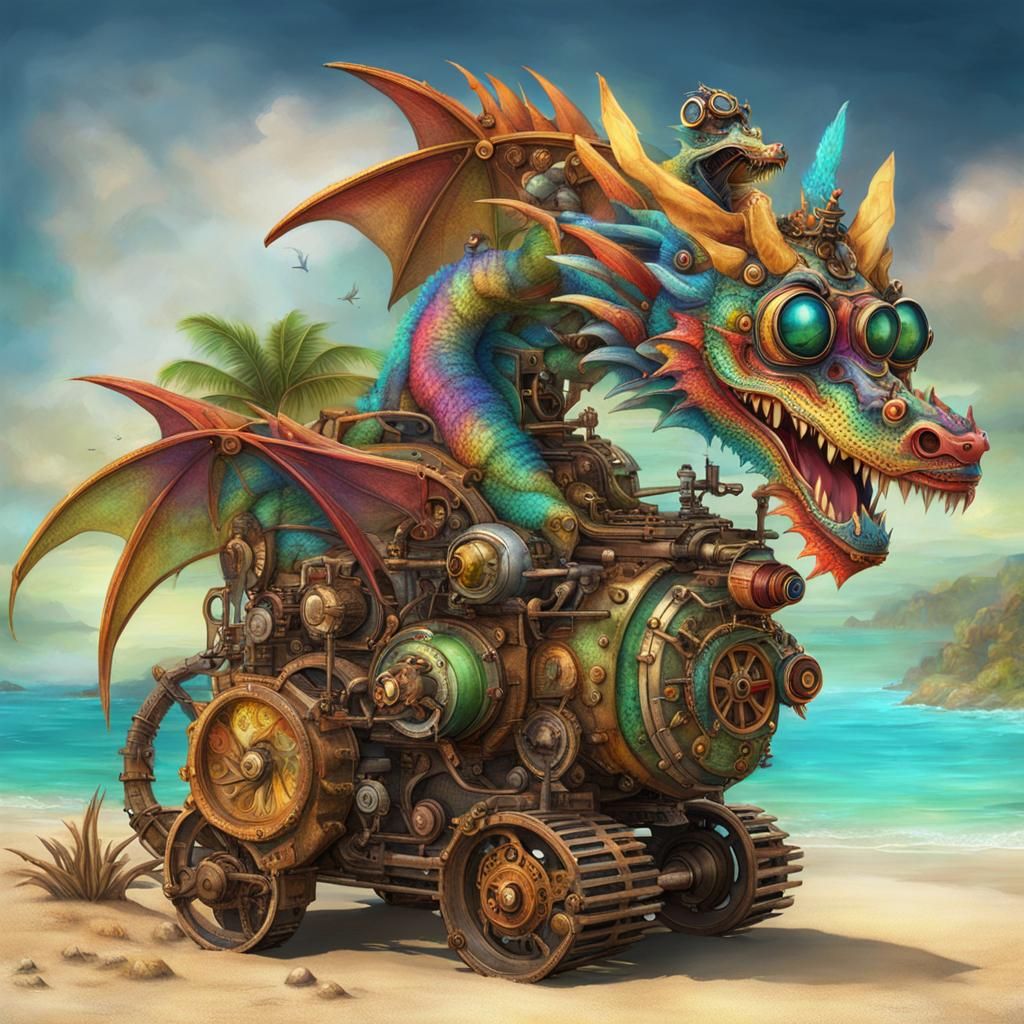 Steampunk Dragon on a Tropical Beach
