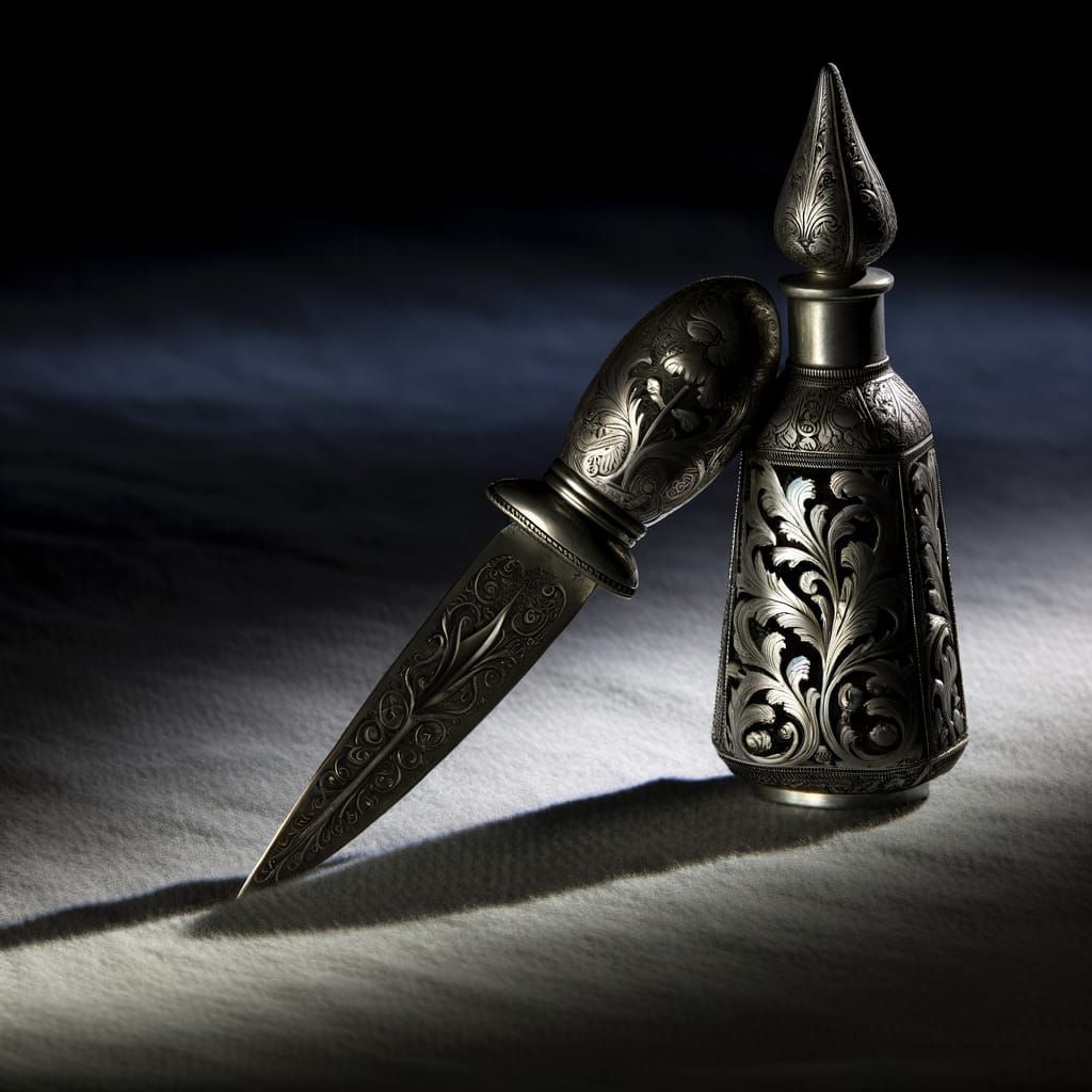 Renaissance Dagger and Poison Vial with Floral Engravings