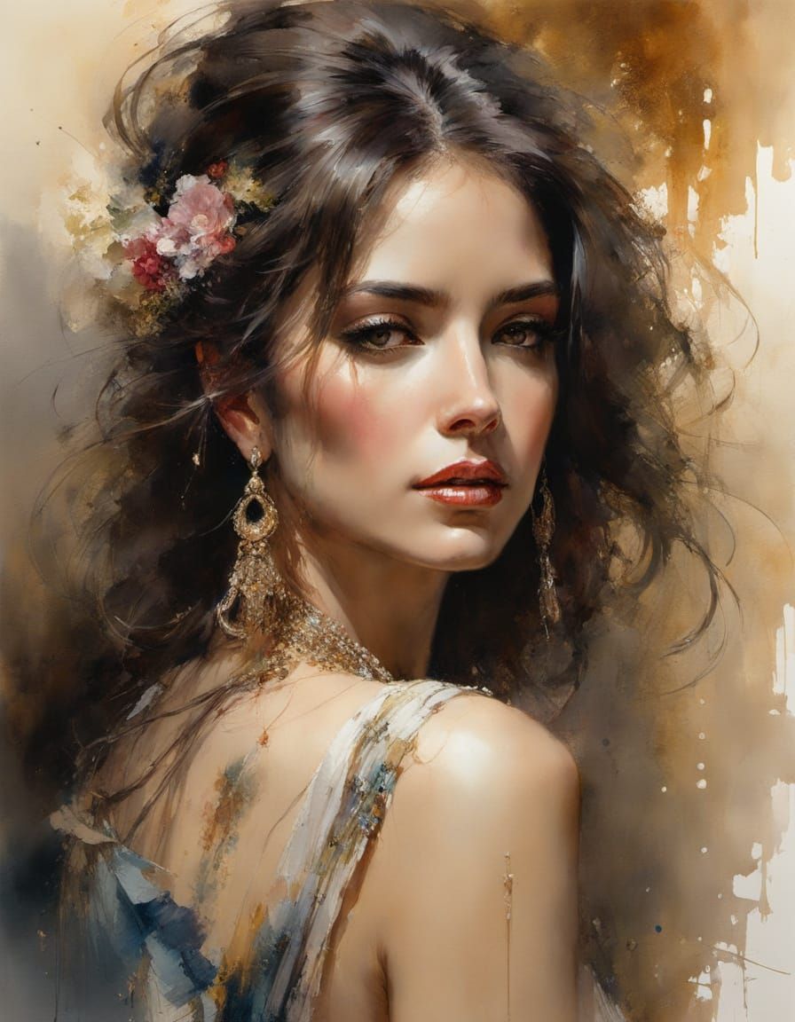 Beautiful Spanish Woman Portrait in Watercolor