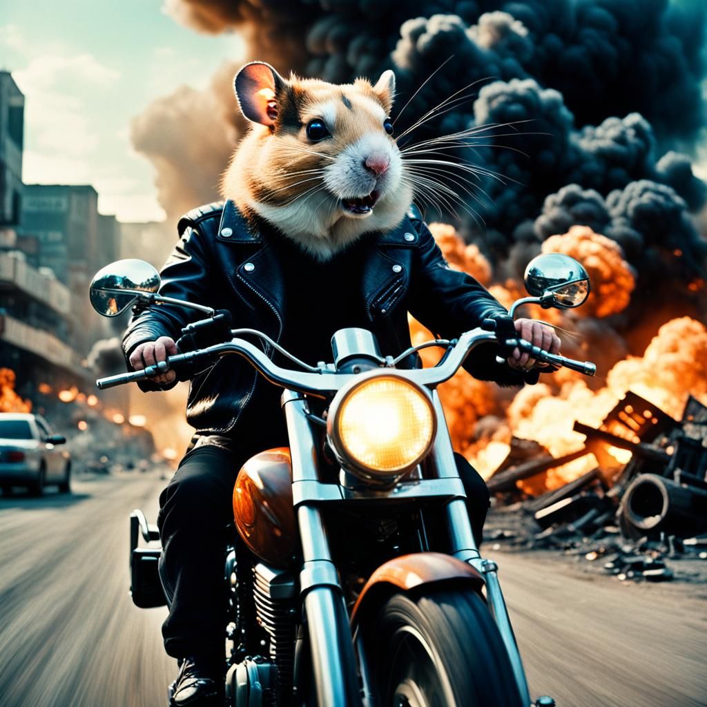 Terminator Hamster on Harley: Cinematic Film Still