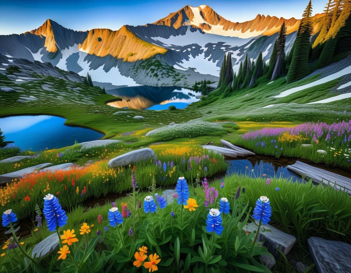 Majestic Alpine Landscape with Wildflowers and Serene Lake