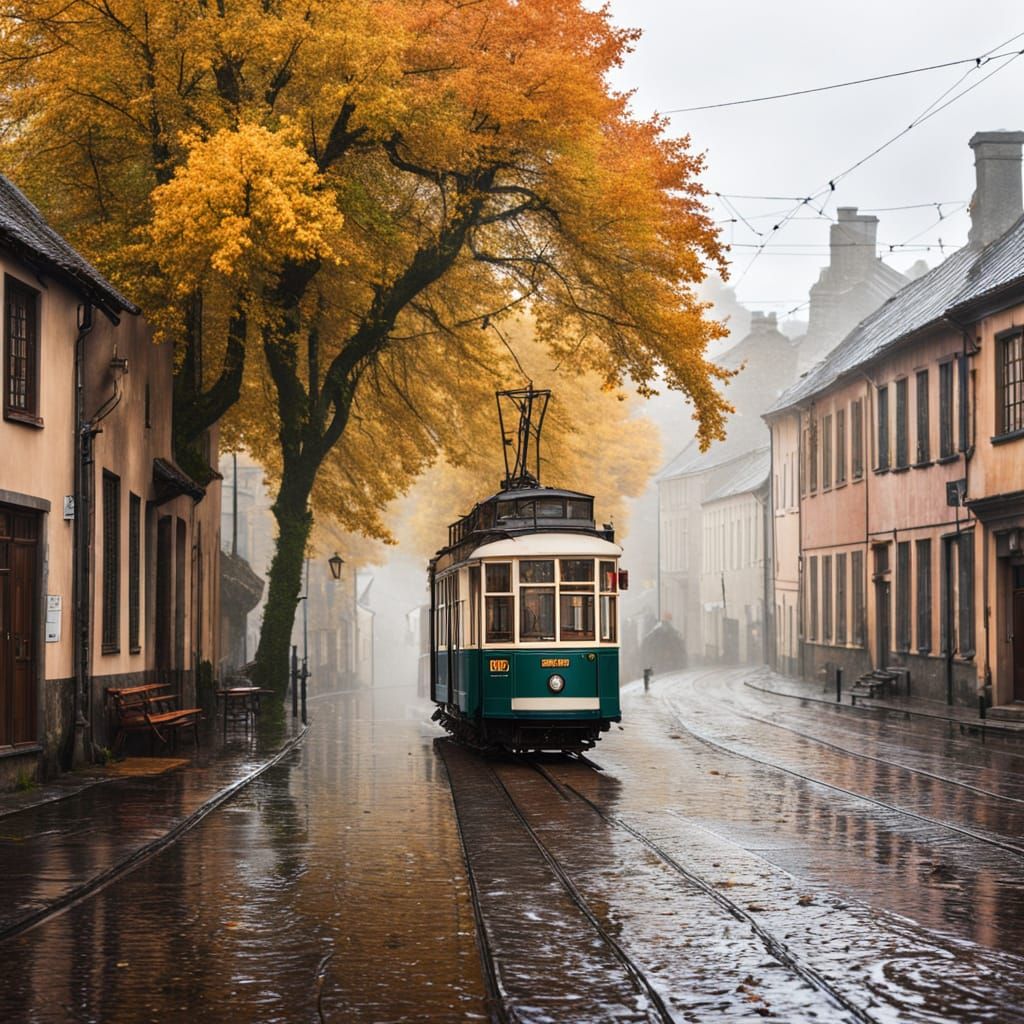 Vintage Tram in Rainy Autumn Village