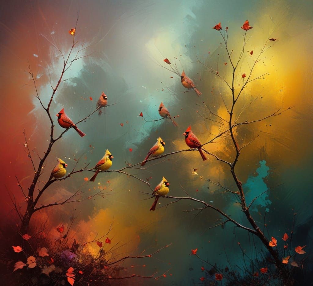 Vibrant Cardinals Under Starry Night Sky