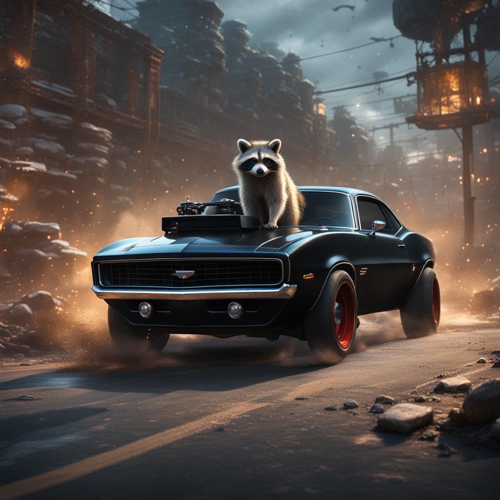Raccoon Drives a Black Camaro in Detailed Painting
