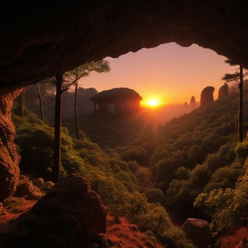 Sunset Through Cave Forest