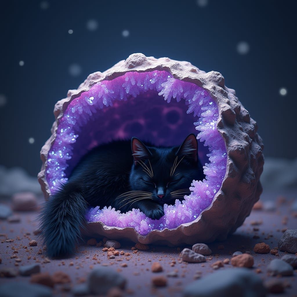 Black Cat Sleeping Inside Glittering Purple Geode