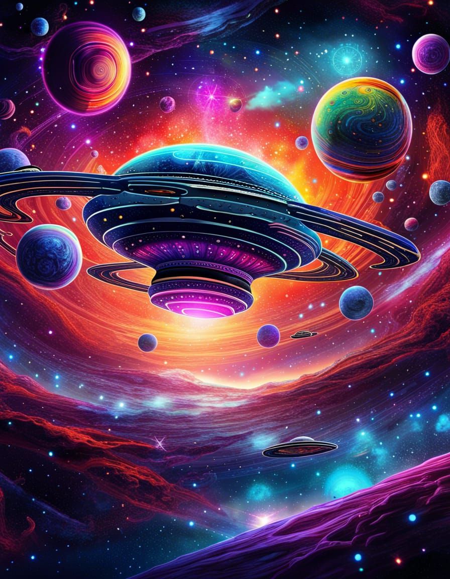 Psychedelic Spaceship Journey Through a Cosmic Universe