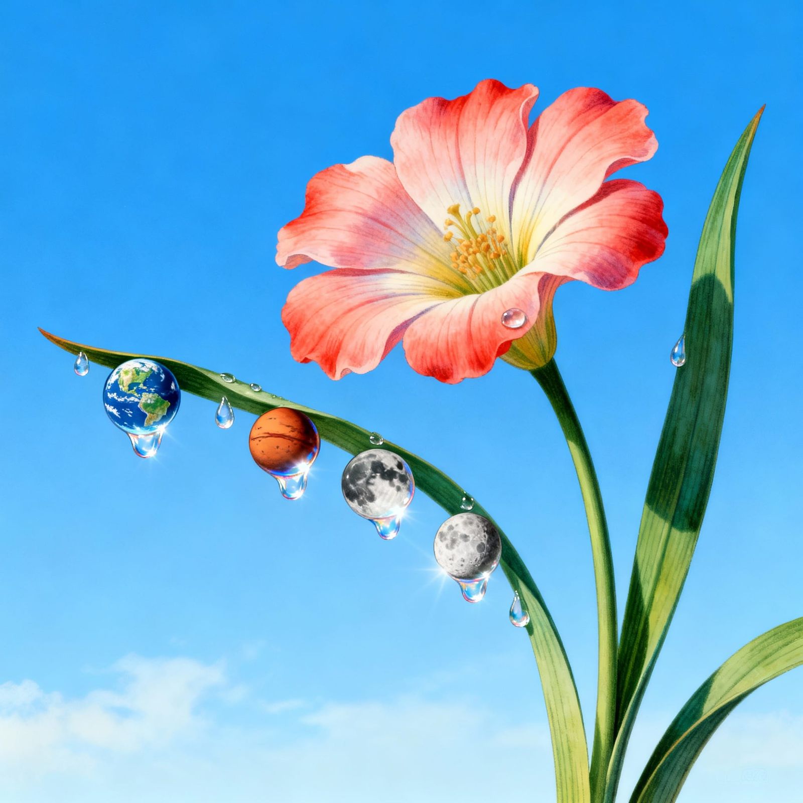 Surreal Botanical Art: Planets in Water Droplets on Flower