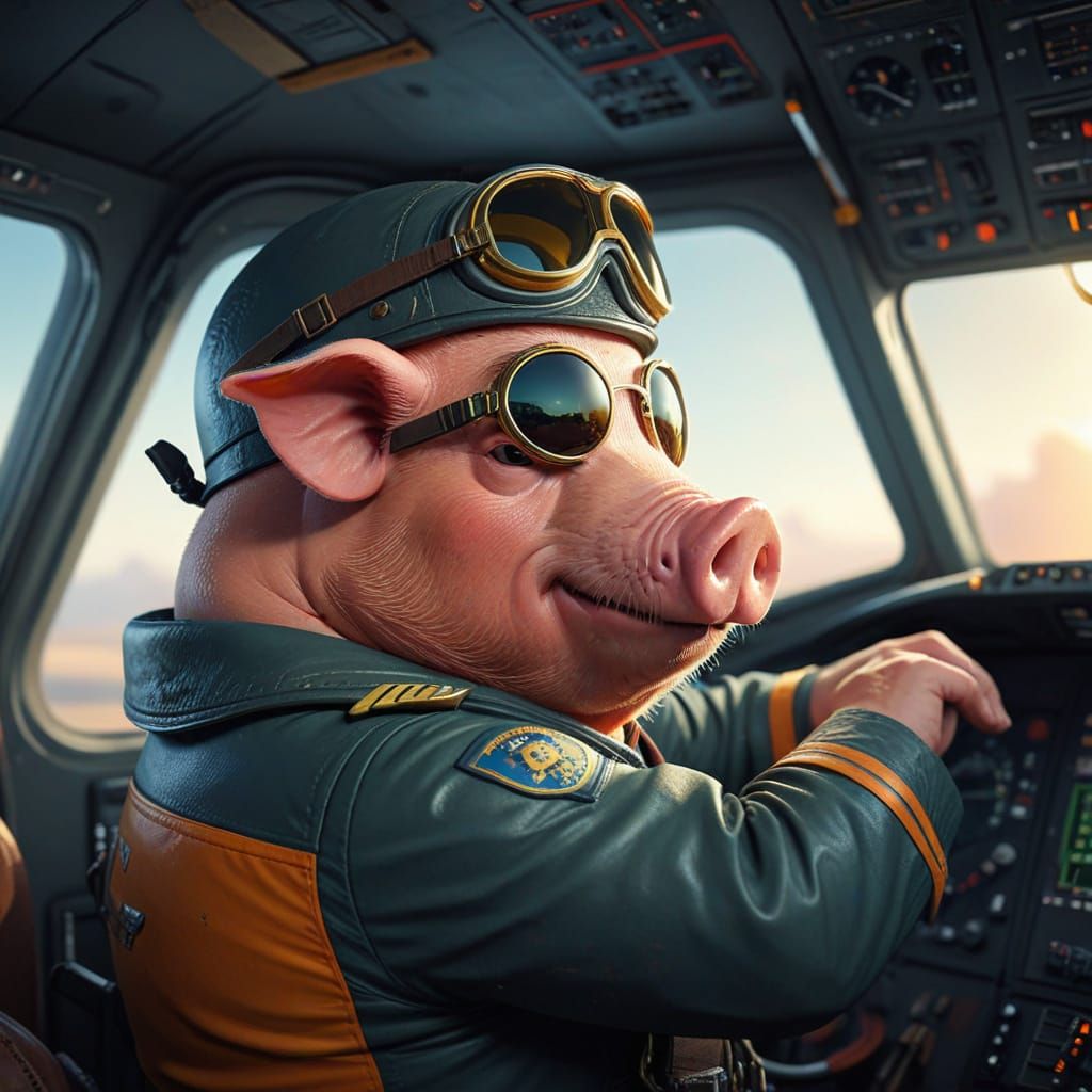 Cartoon Pig Pilot in Airplane Cockpit