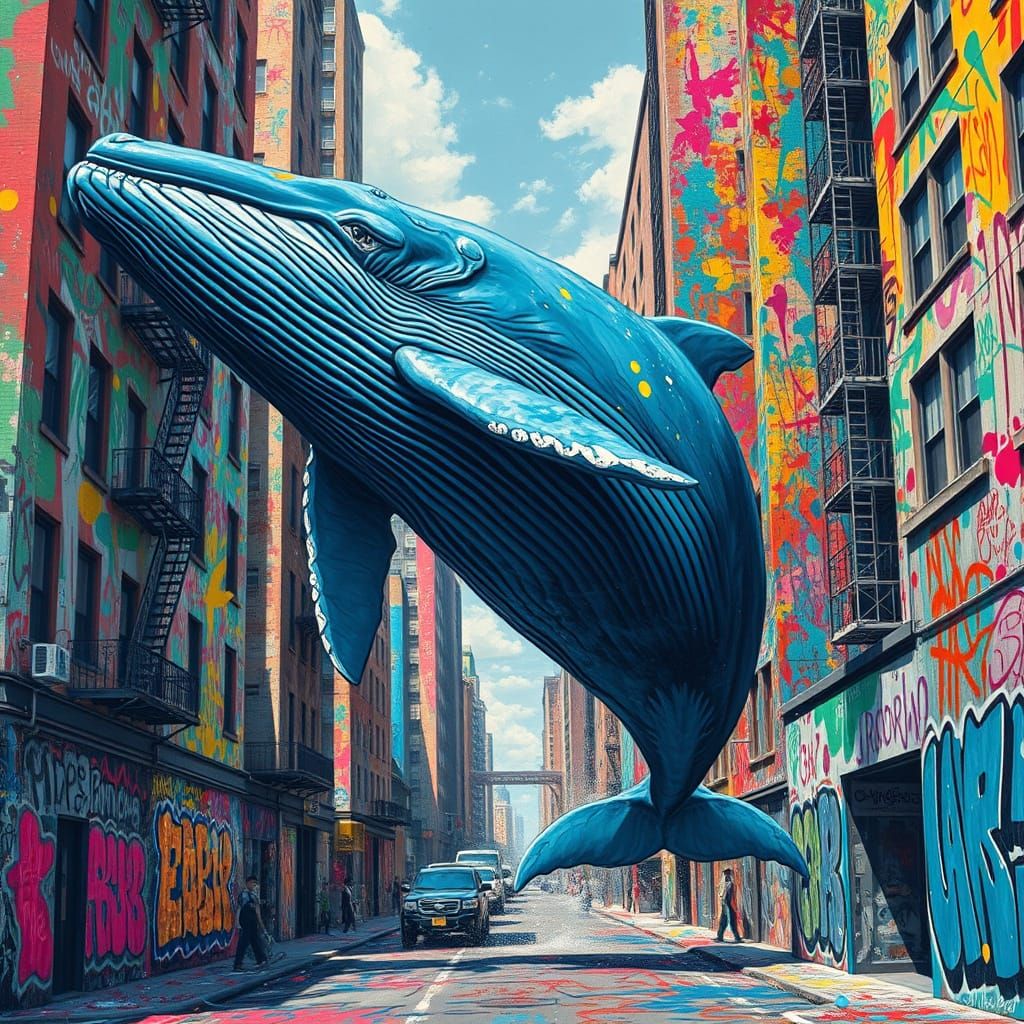 Blue Whale Breaches in Vibrant Cityscape