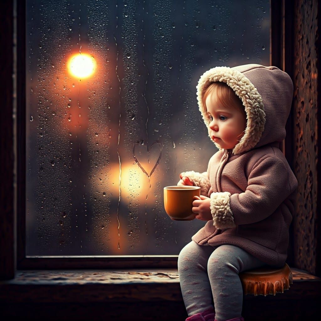 Tiny Girl Contemplates Life on a Rainy Evening