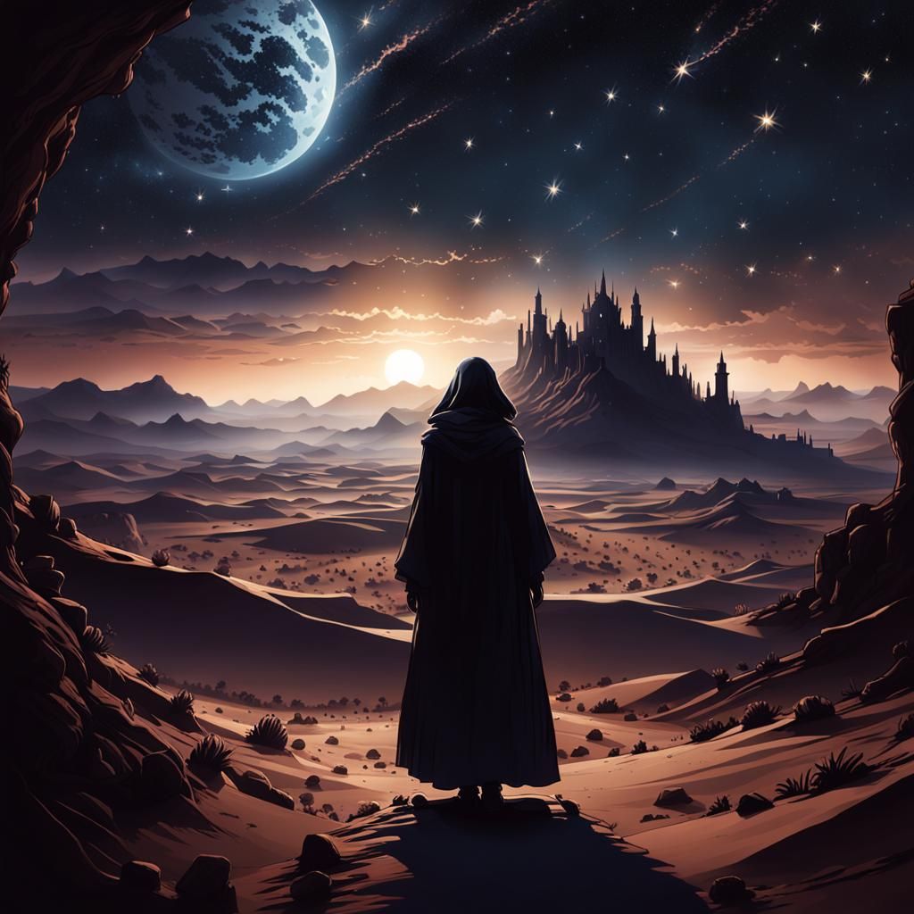 Silhouette in Starry Desert: Digital Matte Painting