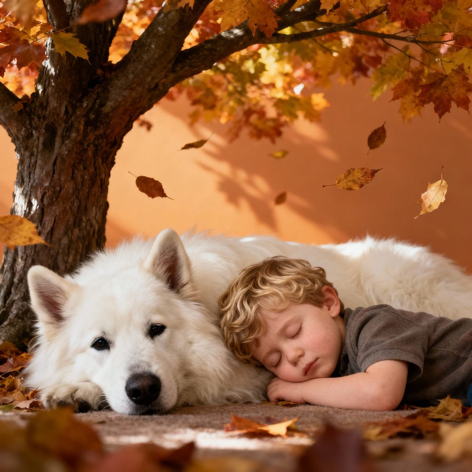 Toddler Boy Sleeps Beside Fluffy Dog in Autumn Scene