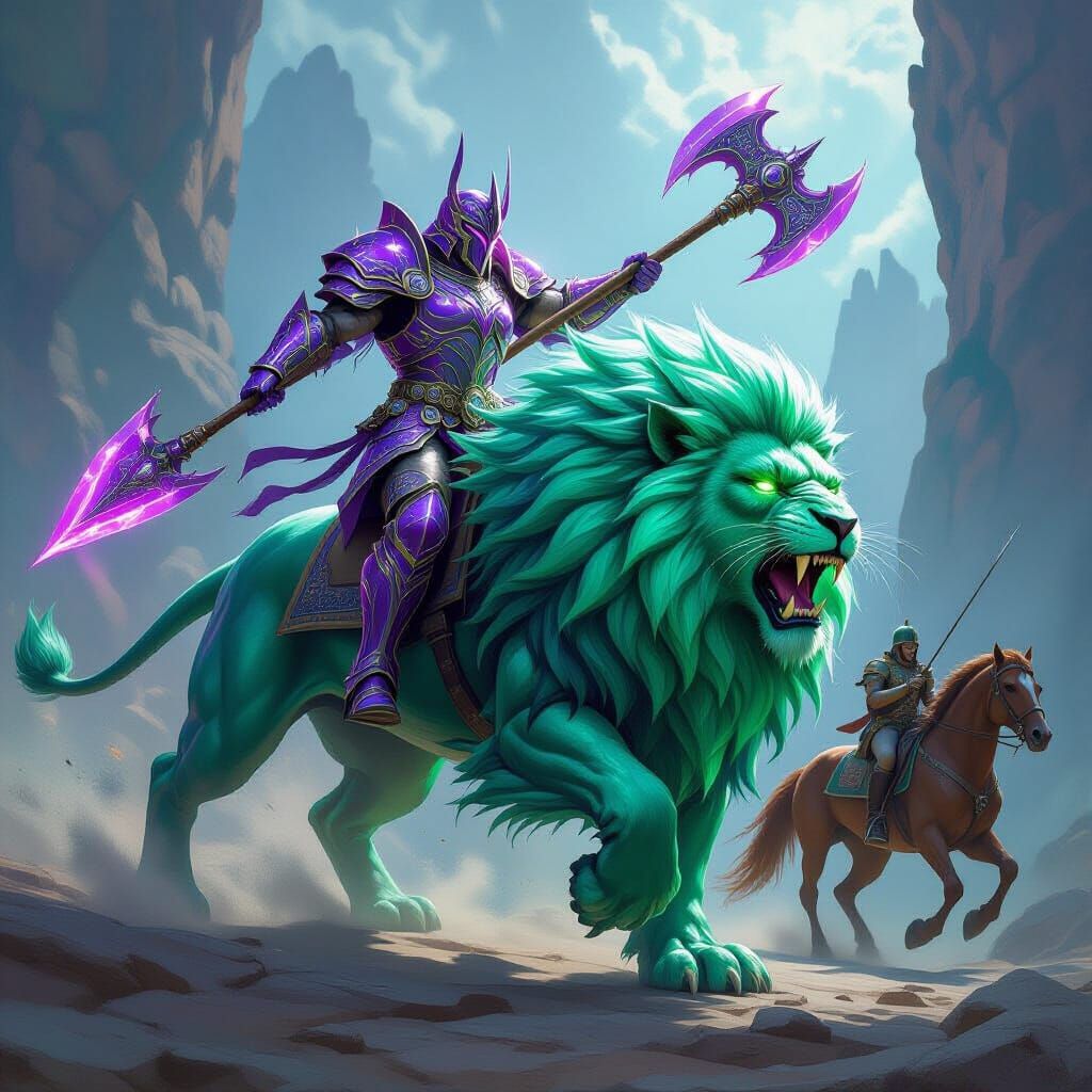 Warrior in Crystal Armor Rides Emerald Lion