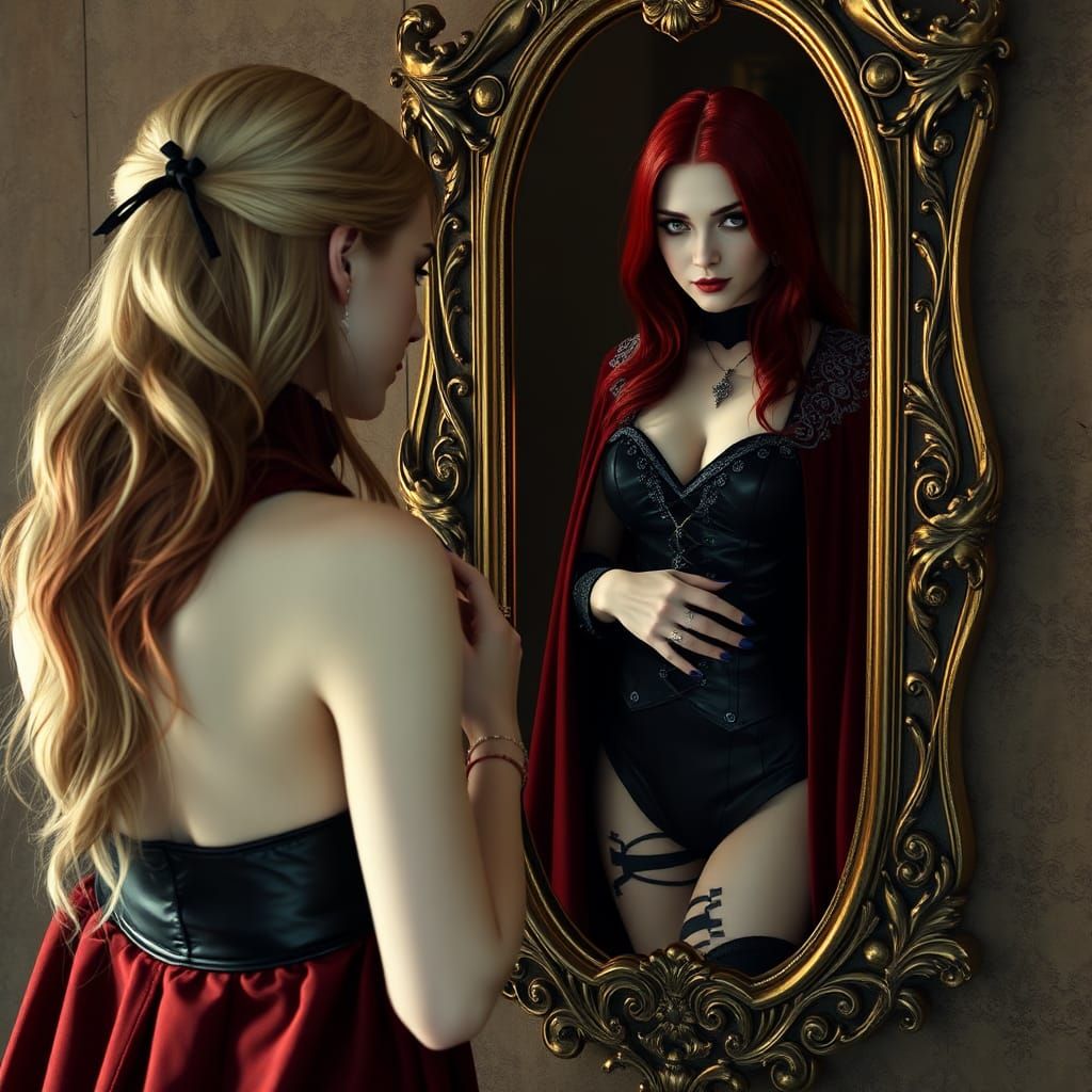 Gothic Mirror: Blonde Woman and Dark Reflection