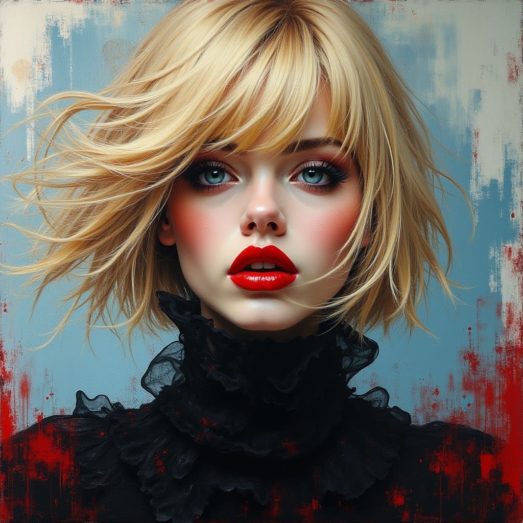 Impasto Painting of a Woman with Red Lips