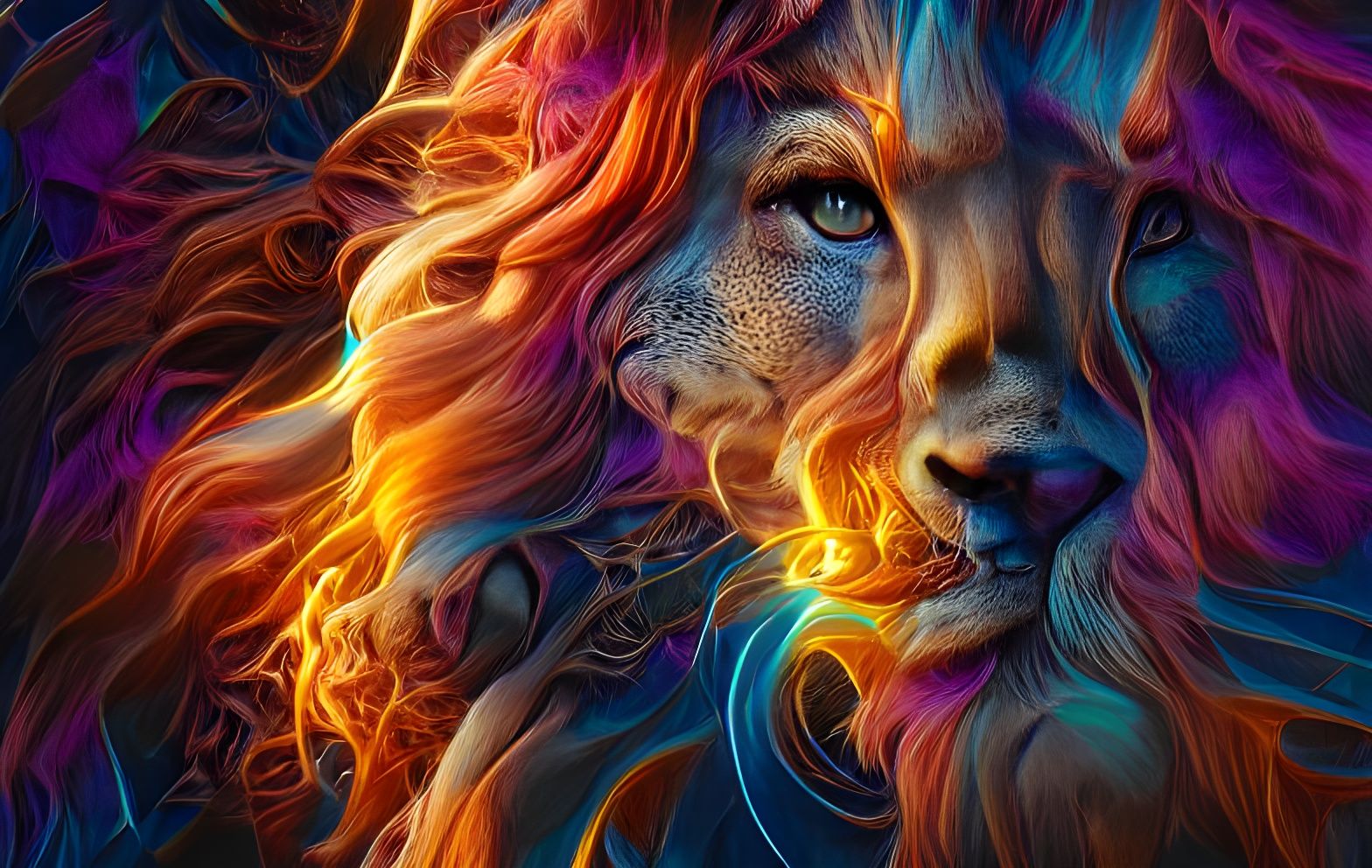Prismatic Lioness in Magical Sunset, Kinetic Pointillism