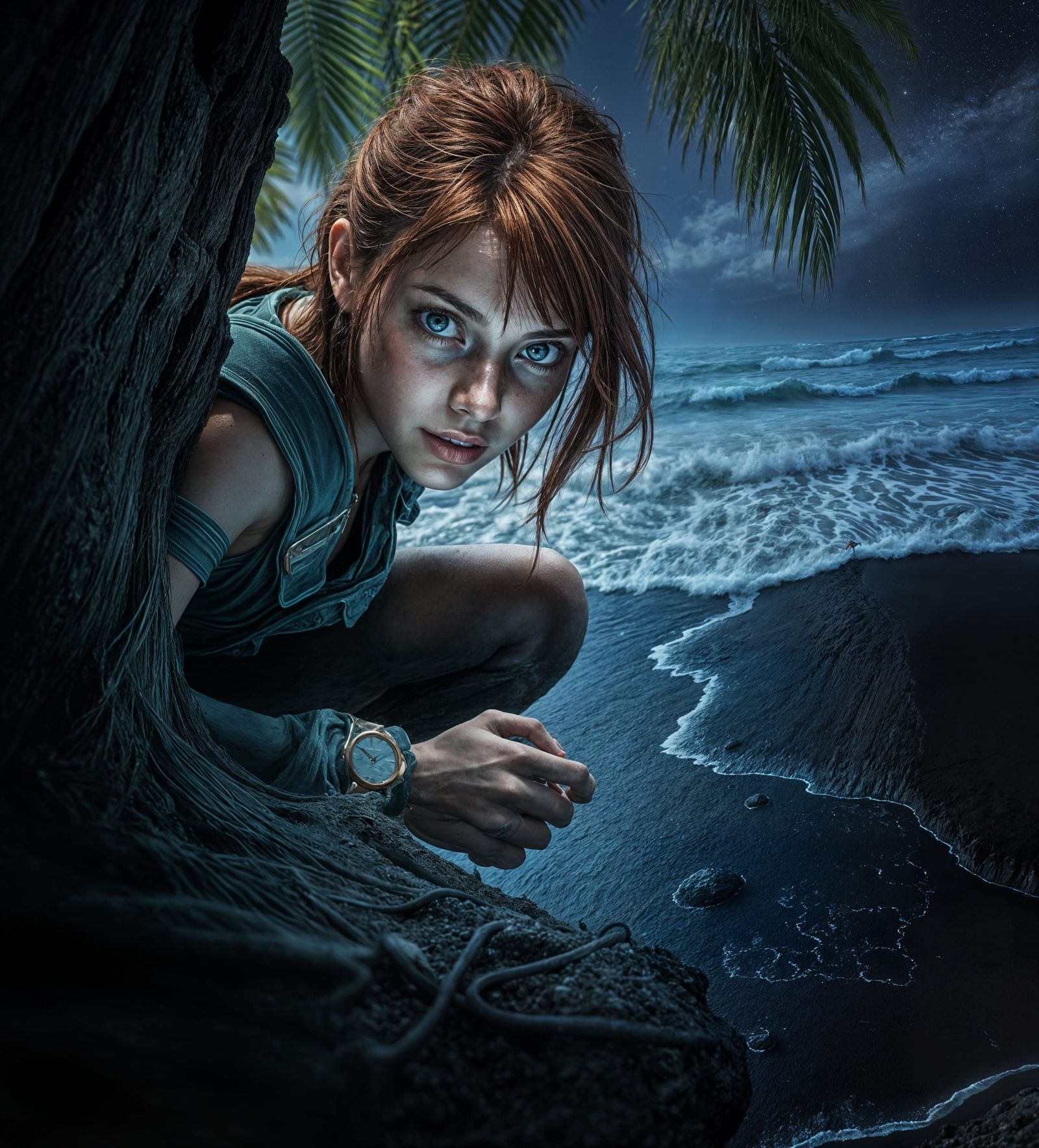 Hyperrealistic Archaeologist on Black Sand Beach