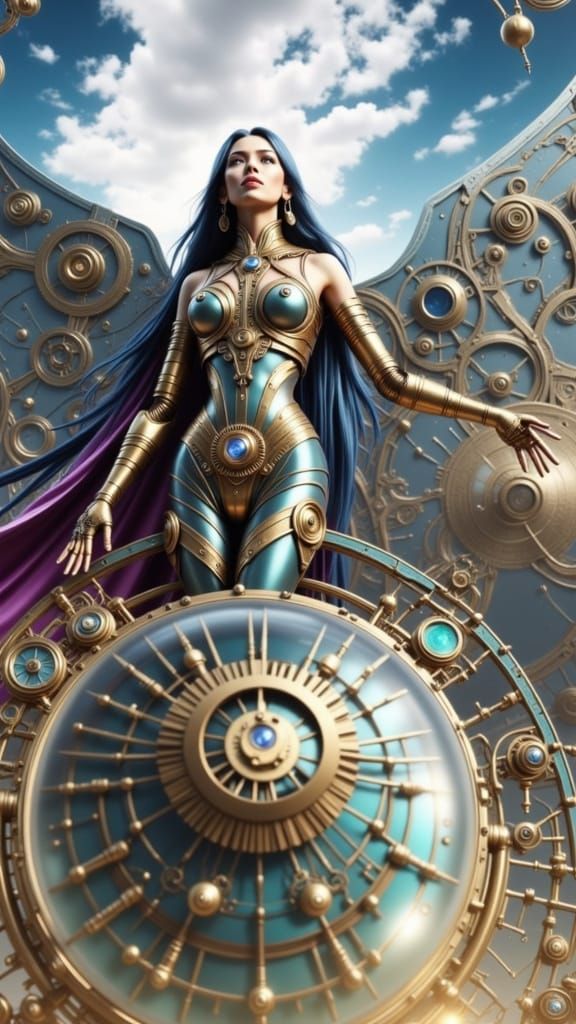 Ethereal Brass Goddess with Steel Blue Face Above Future Cit...