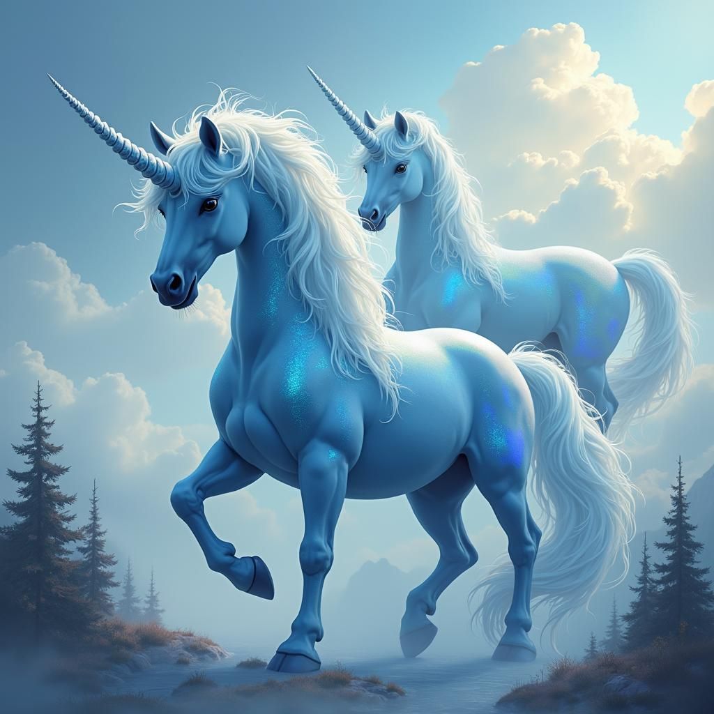 Dreamy Blue Unicorns in Ethereal Landscape