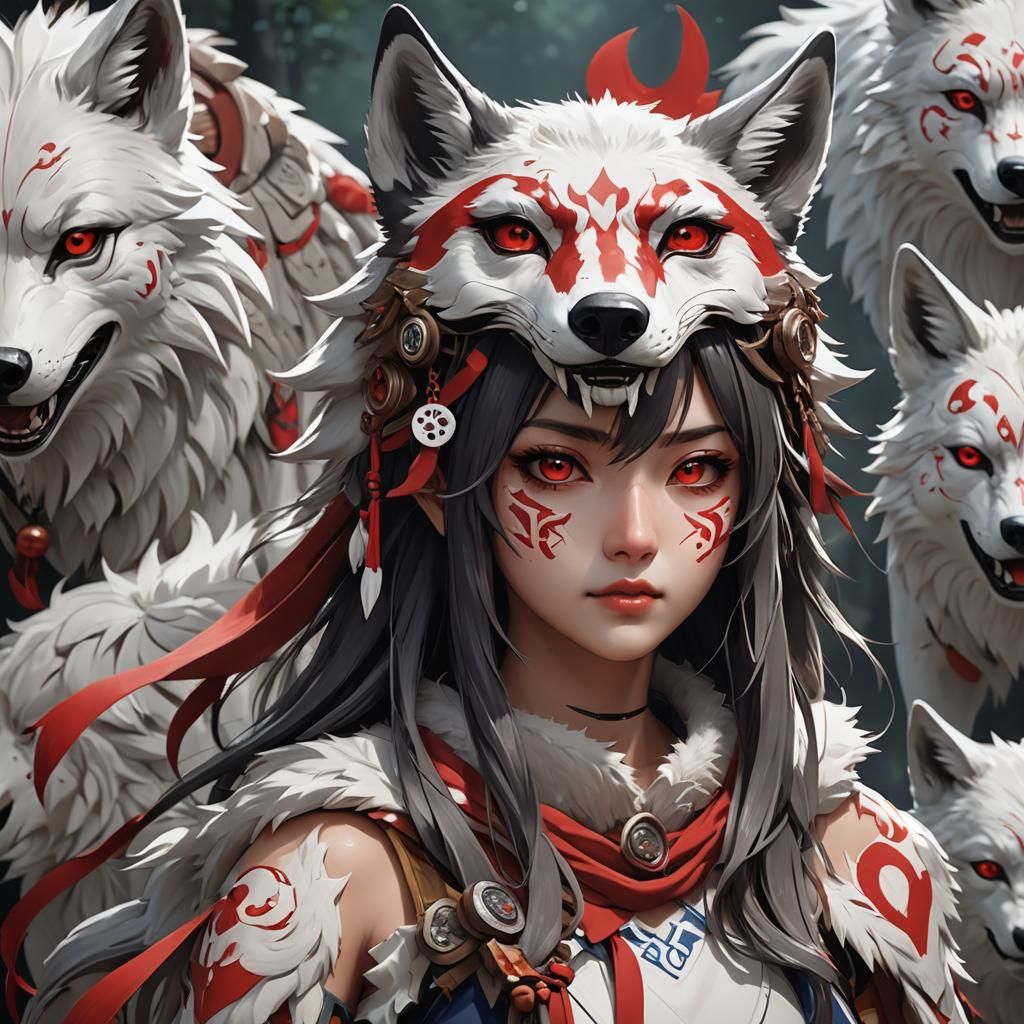 Wolf Girl with Mononoke Mask in Anime Style
