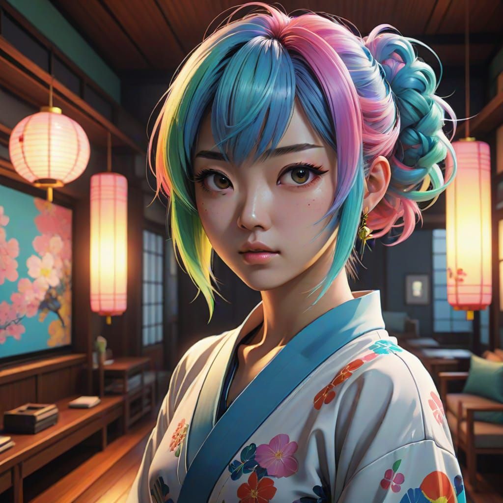 Anime Style Young Woman with Rainbow Hair in 3D