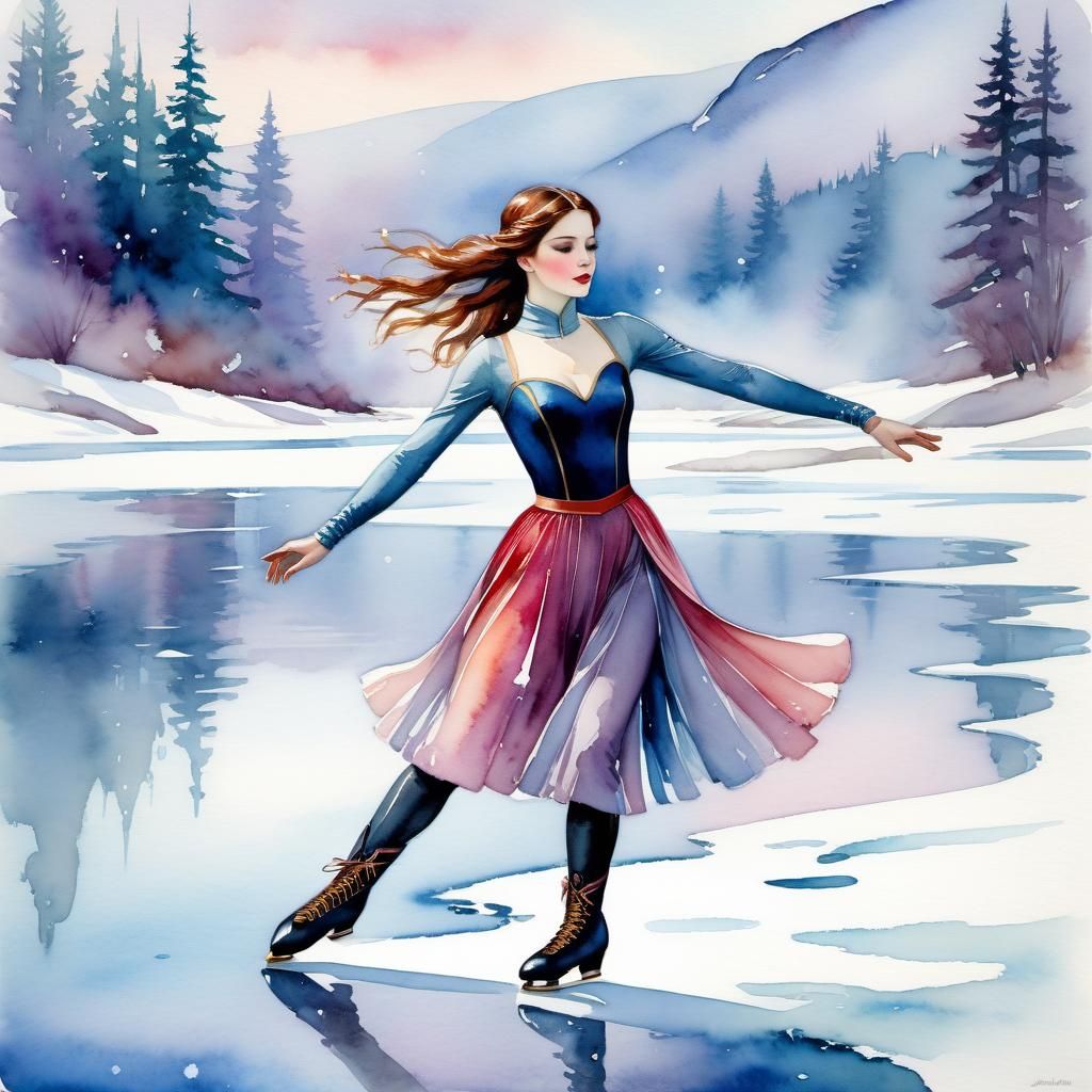 Figure Skater on Frozen Lake in Waterhouse Style