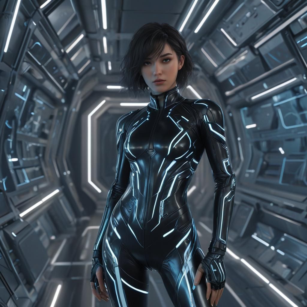 Confident Woman in Futuristic Spaceship Corridor: 3D Anime A...