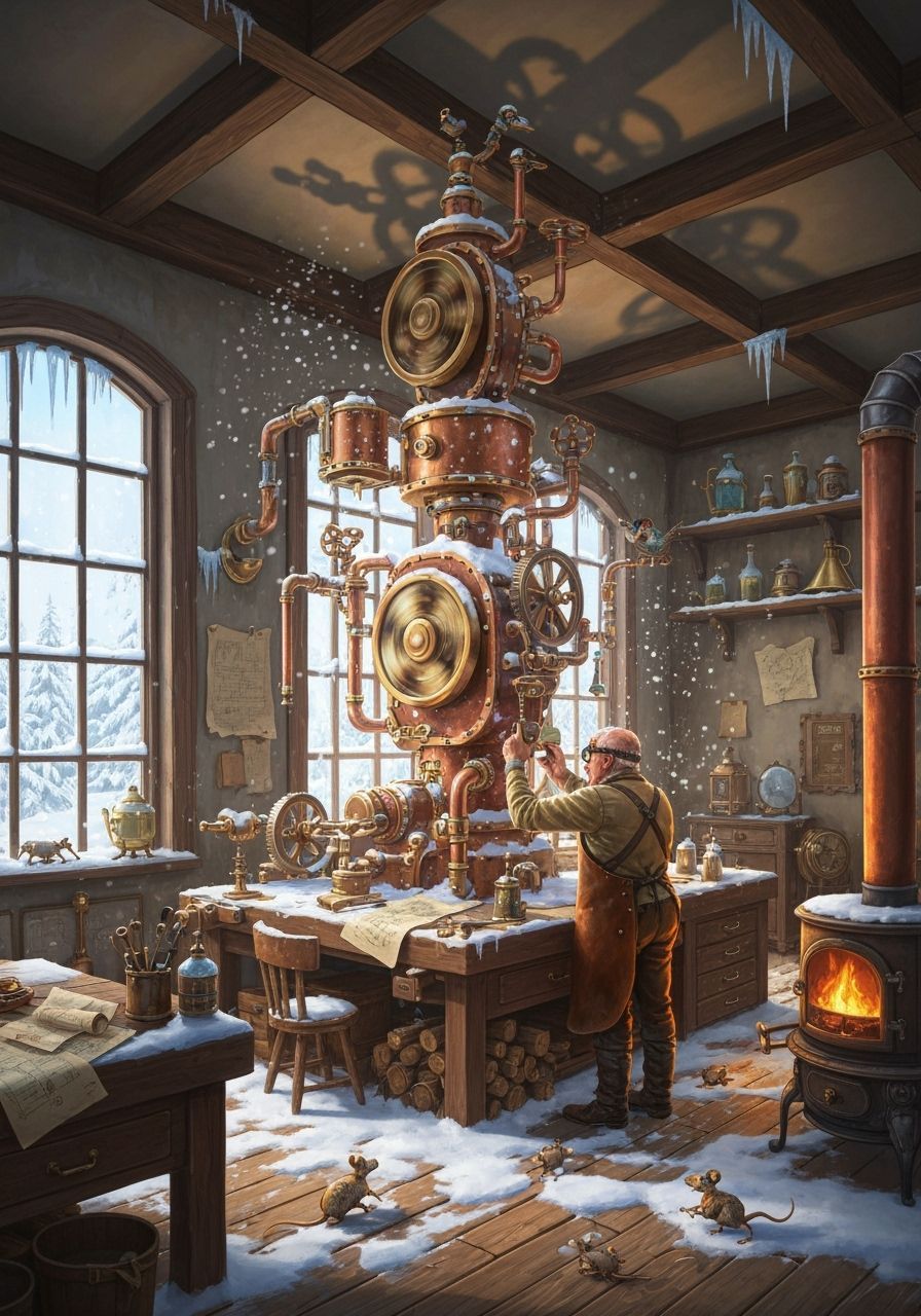 Steampunk Snow-Making Machine in Inventor's Workshop