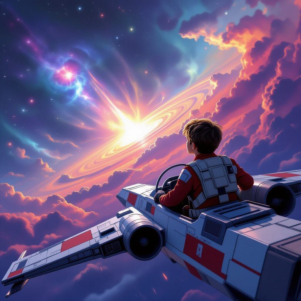 Boy Pilots Starship Through Cosmic Nebula