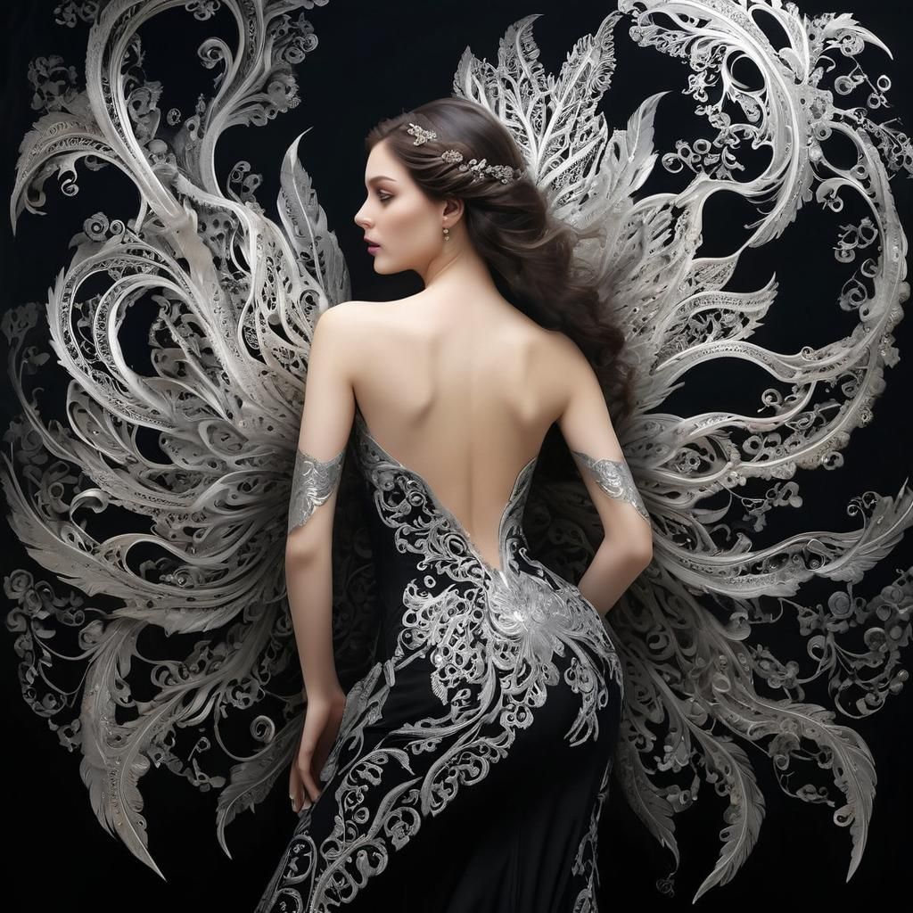 An exquisitely intricate jewellery sculpture in ONLY black and silver, reminiscent of delicate lace and large ornate fea...