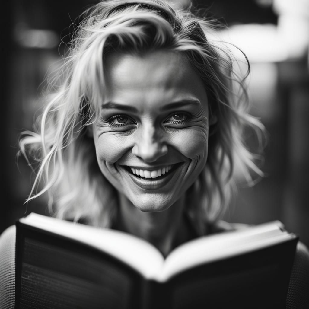 Smiling Blonde Woman Reading: Portrait Photography