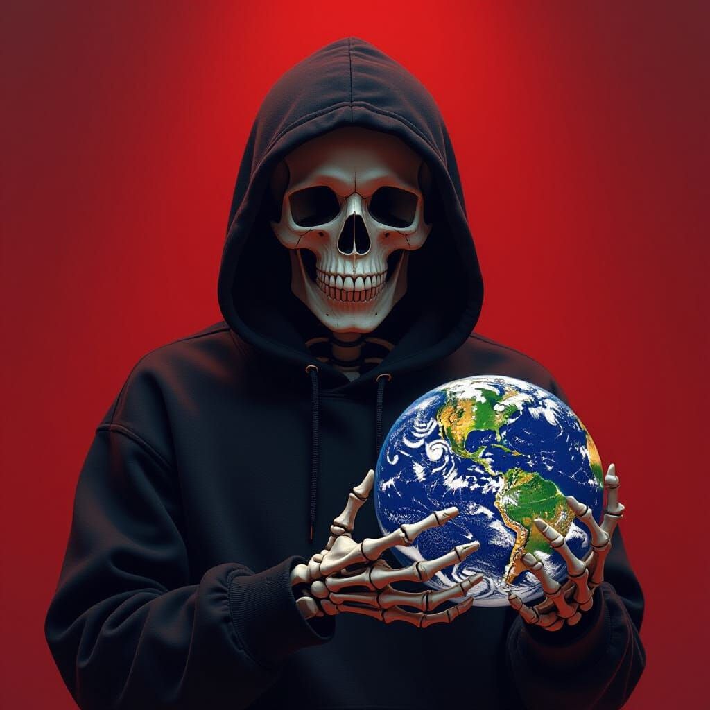 Skeleton in Hoodie Holds Earth Amidst Dark Cinematic Atmosph...
