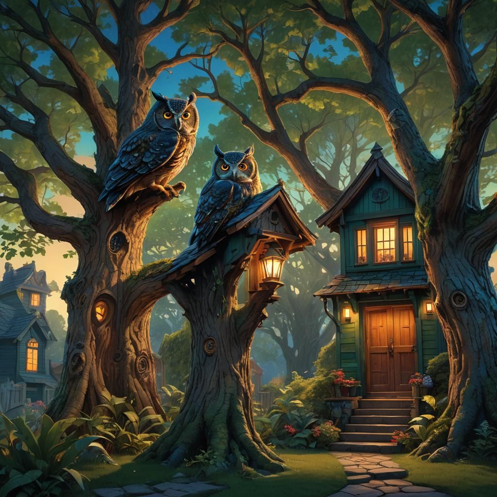 Fantasy Owl Hooting in a Mystical Landscape