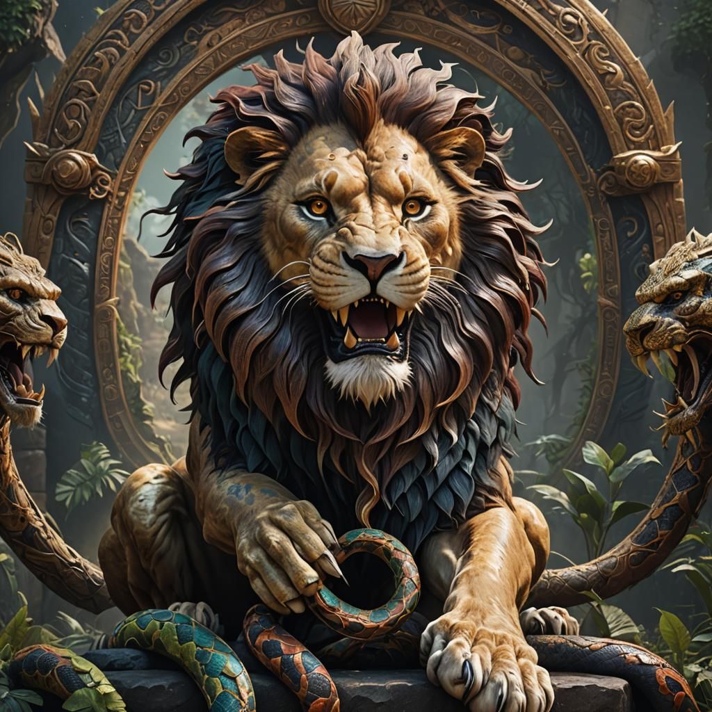 Lion with Snake Head in Detailed Matte Painting