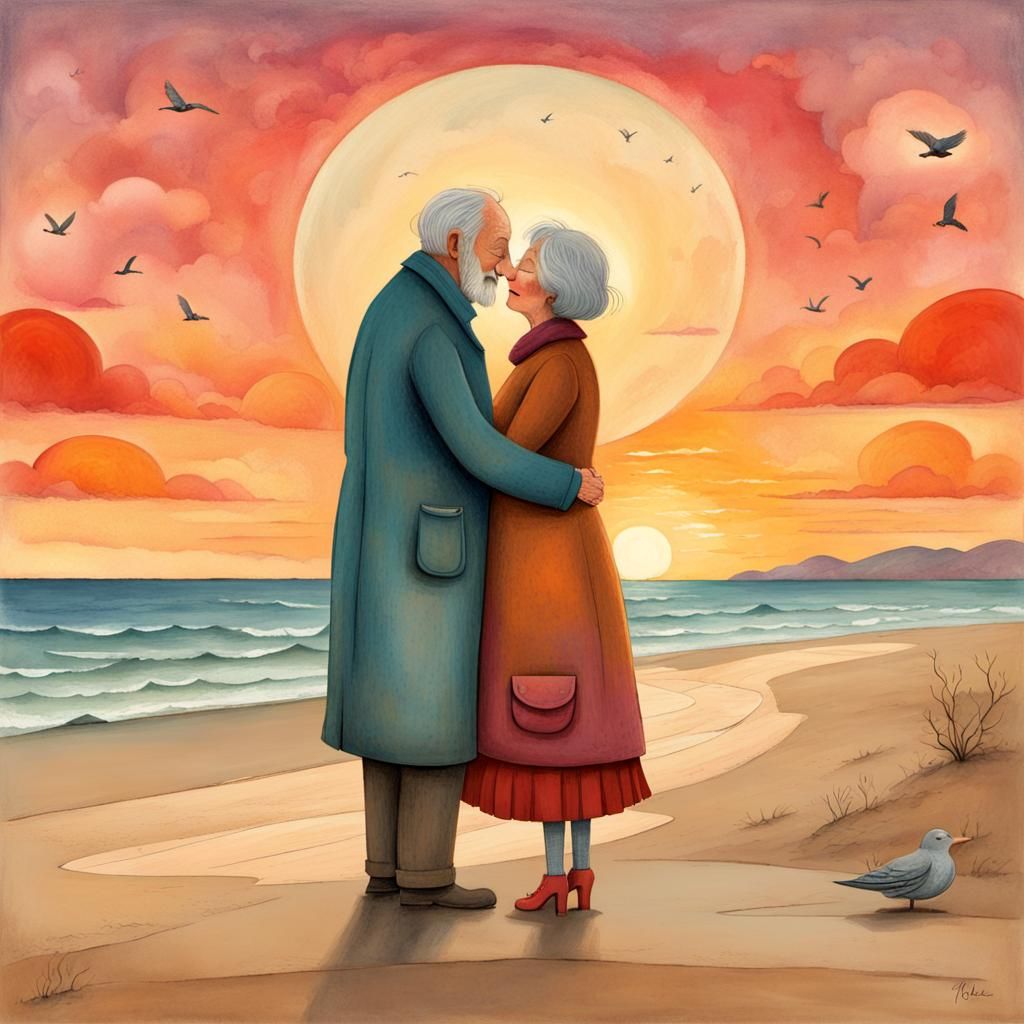 Romantic Beach Stroll Illustration in Storybook Style