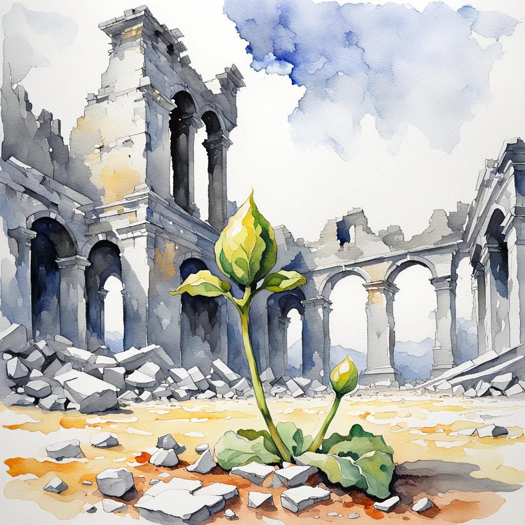 Flower Sprouts in Ruins: Watercolor Illustration