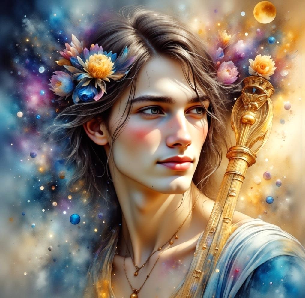 Ethereal Orpheus Emerges in Snowy Watercolour Dream