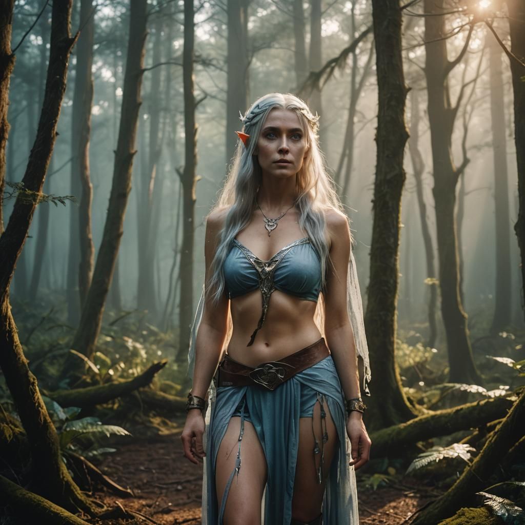 Ethereal Elf in Misty Forest: Cinematic Film Still