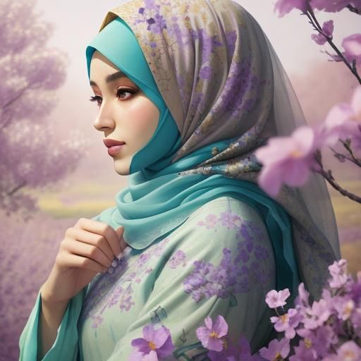 Girl with Flowers in Hijab: Digital Art Portrait