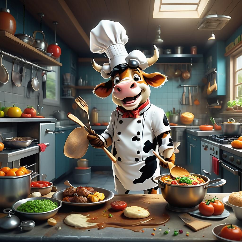 “A playful cow cartoon chef in a kitchen, holding a spatula ...