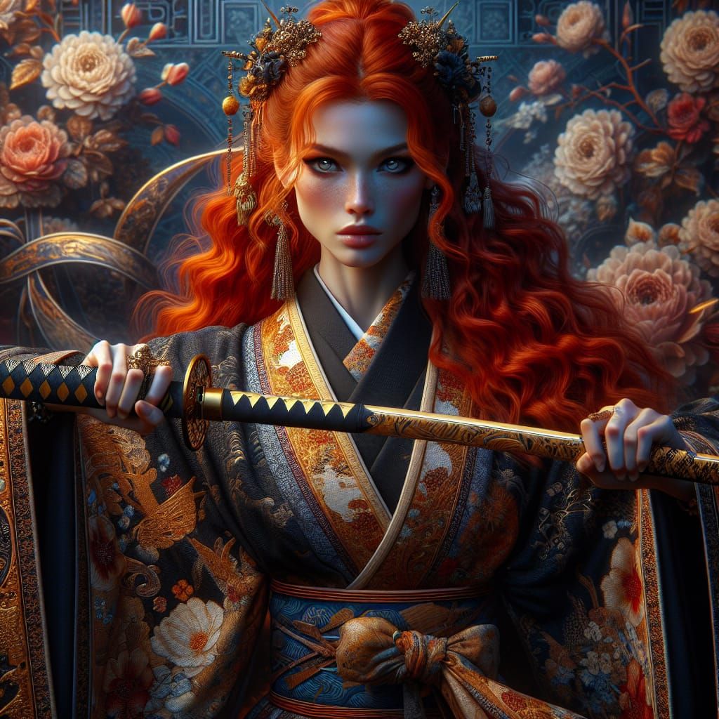 Redhead Warrior with Naginata in Fantasy Matte Painting