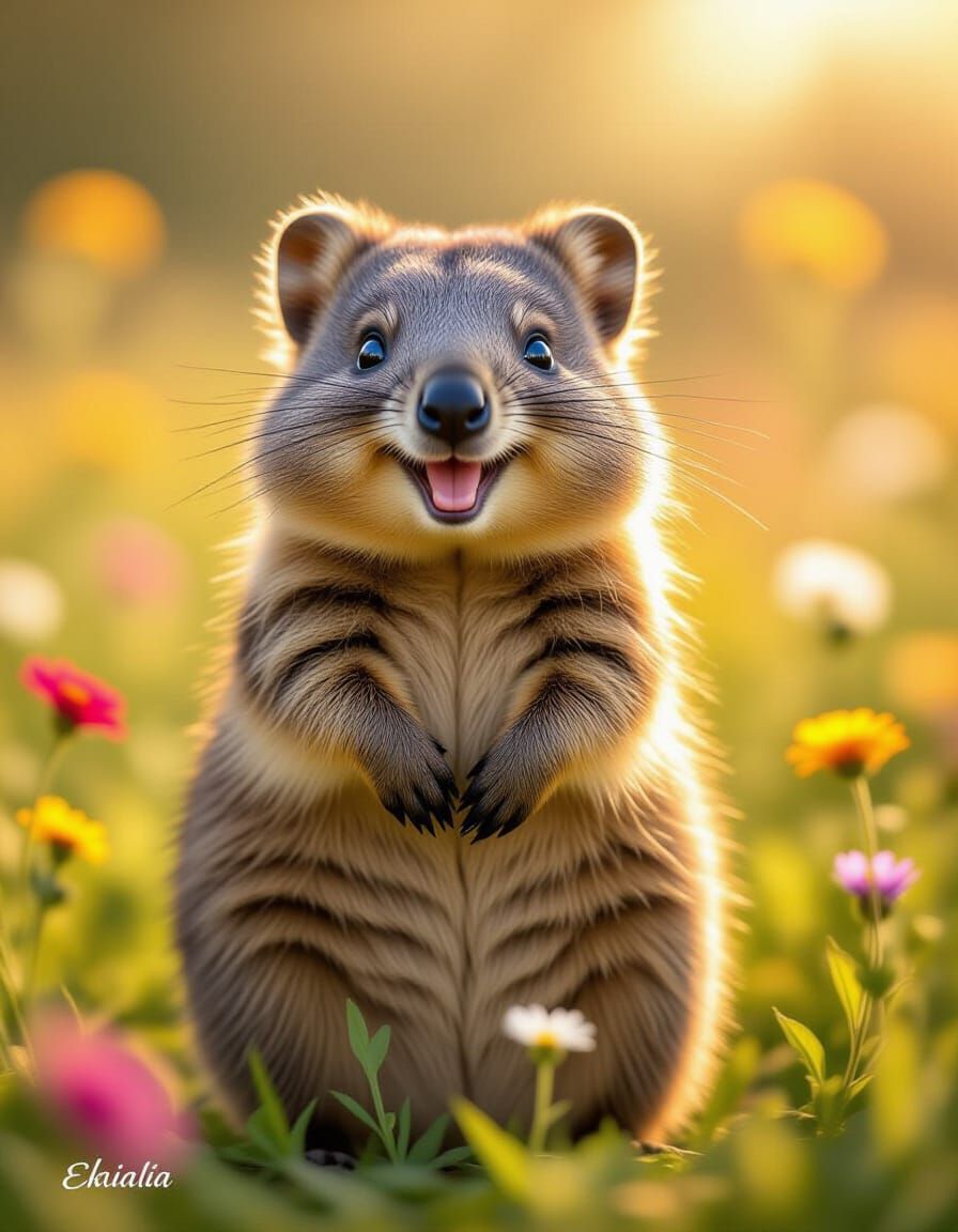 Joyful Quokka Waves Hello in Sunny Meadow