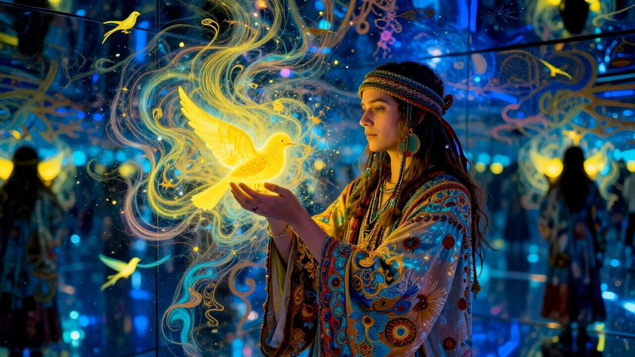 Hippie in Cosmic Infinity Room with Luminescent Birds