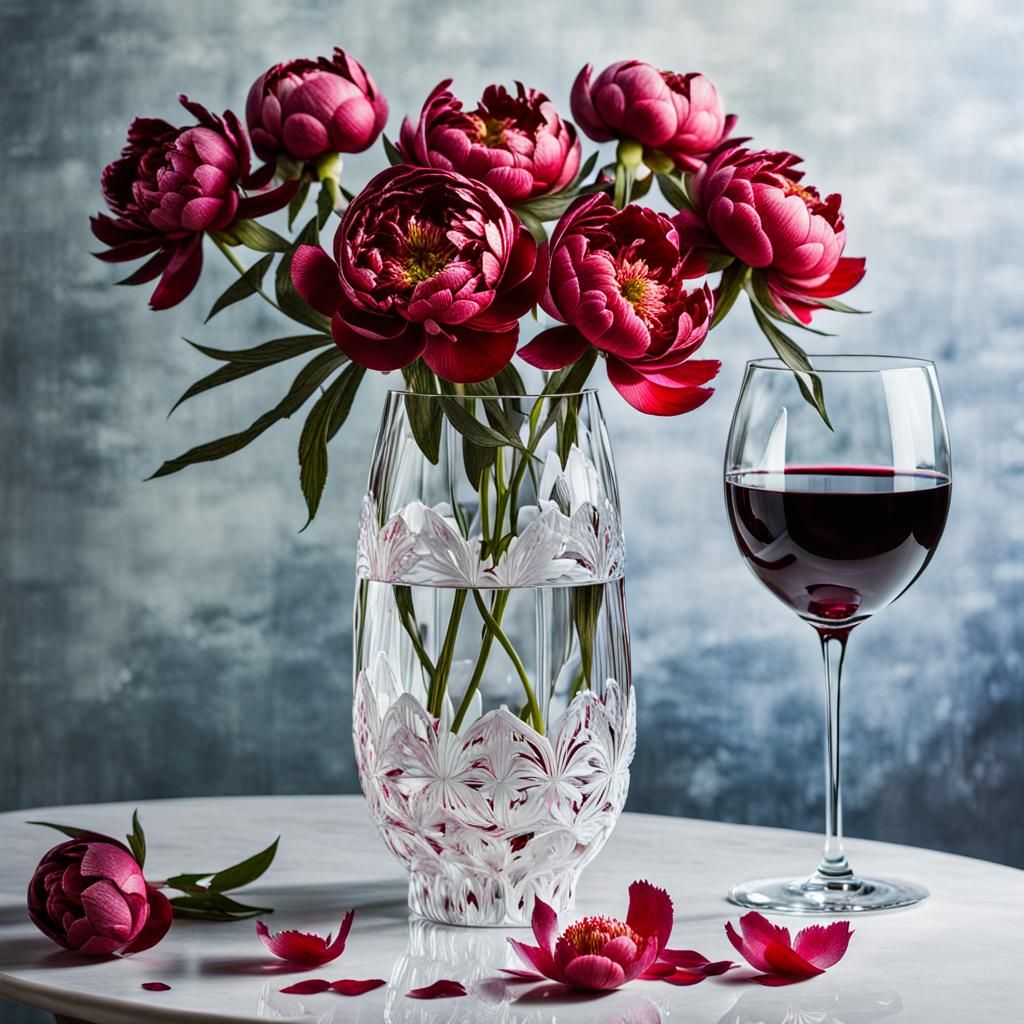 Red Peonies in Dichroic Glass Vase Still Life