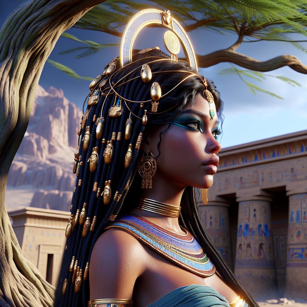 Ancient Egyptian Goddess Iusaaset in Golden Regalia Under Ac...