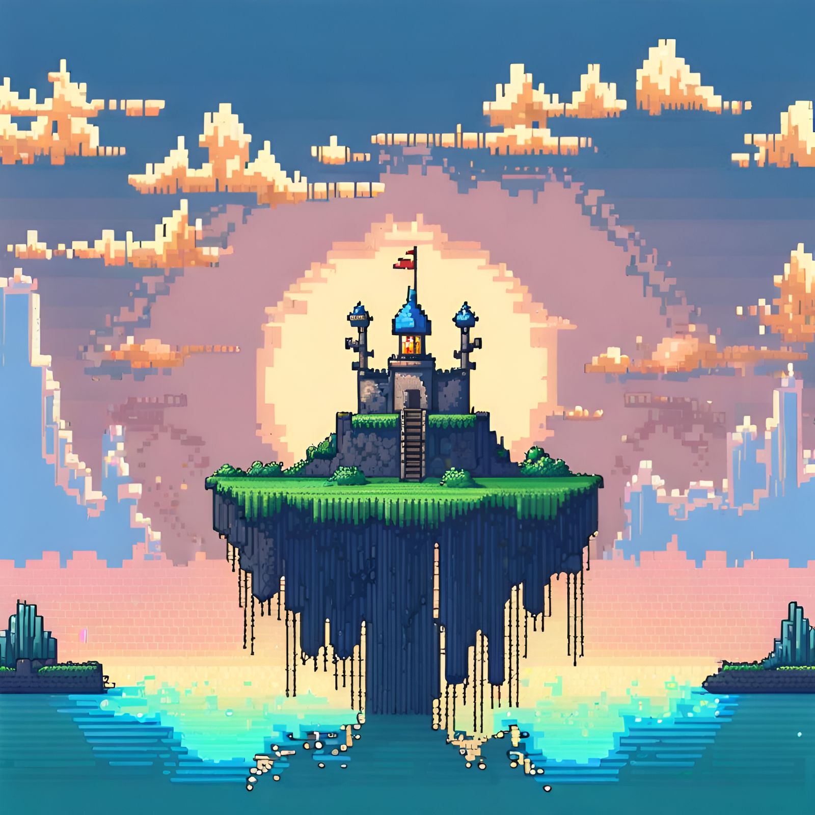 Pixel Art Sky Castle Island Dripping Water