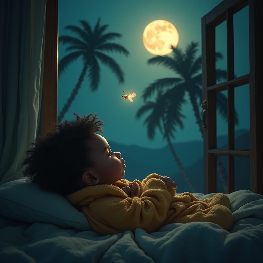 Hyperrealistic Firefly Over Sleeping Child, Matte Painting
