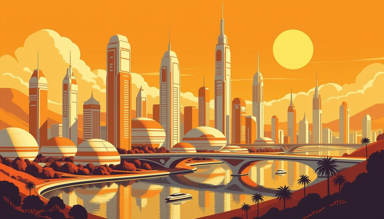 Retro Futurism Utopian Cityscape in Gentle Orange Hues