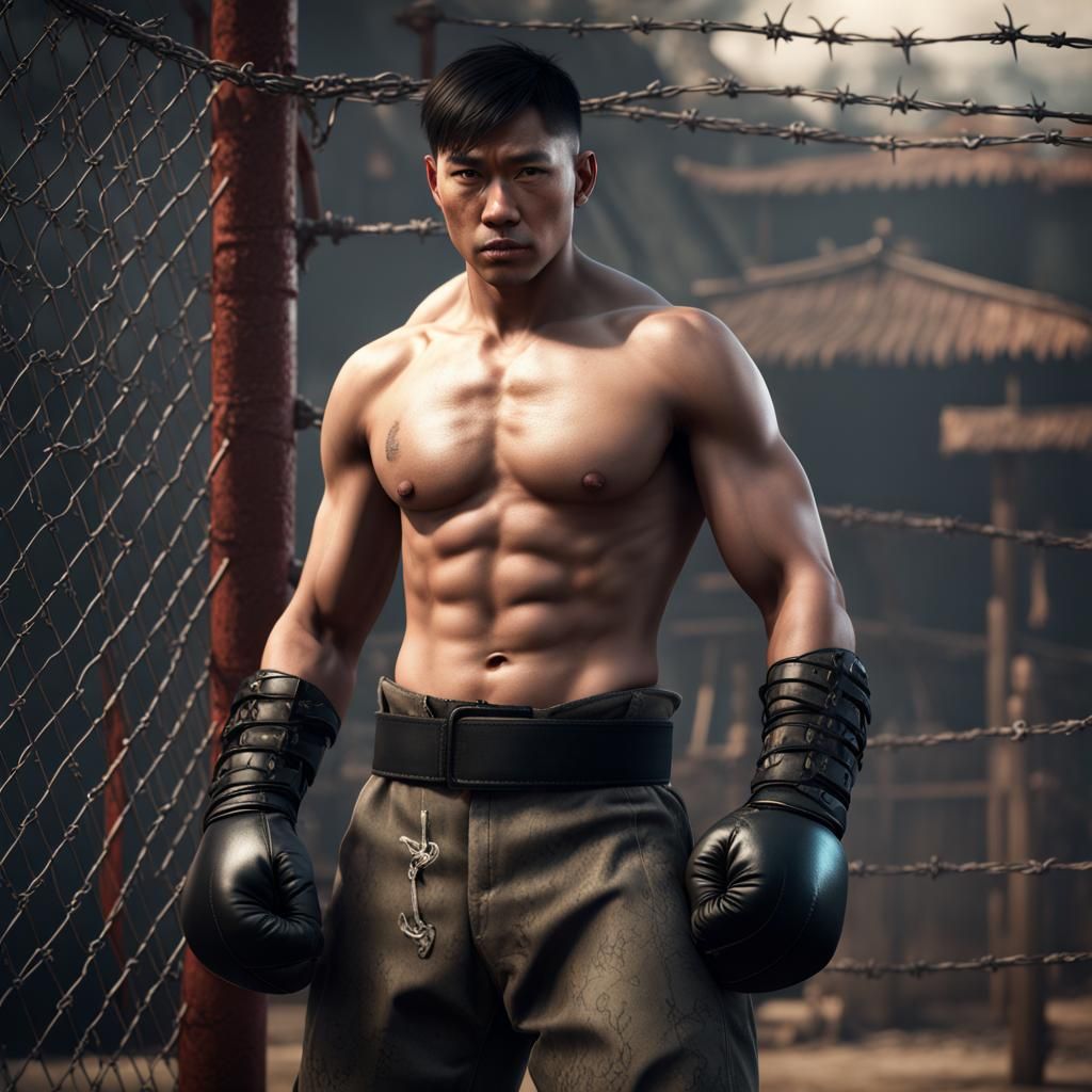 Shirtless Boxer in Barbed Wire Cage: Detailed Matte Painting